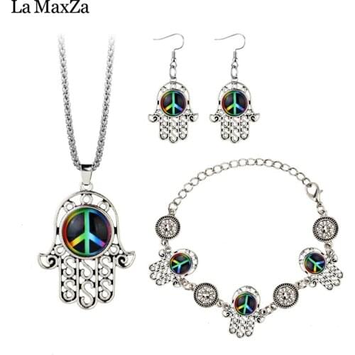 La MaxZa Baroque Style & Peace Sign, Vintage Fatima Hand Jewelry Set Pendant Necklace Drop Earrings Bracelet set for Women Gift
