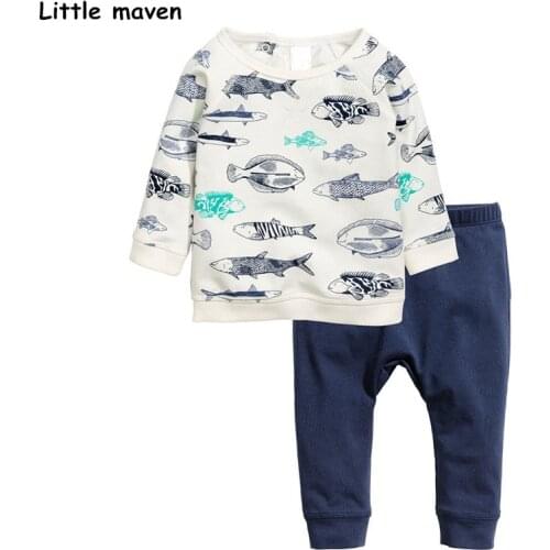 Little maven childrens clothing sets autumn boys Cotton brand long sleeve hand-painted fish print t shirt + solid pants 20168