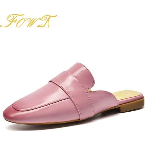 Pink Patent Leather Square Toe Mules Women Low Heels Comfortable Casual Daily Summer Slip On Womens Flat Shoes Size 41-44 FOWT
