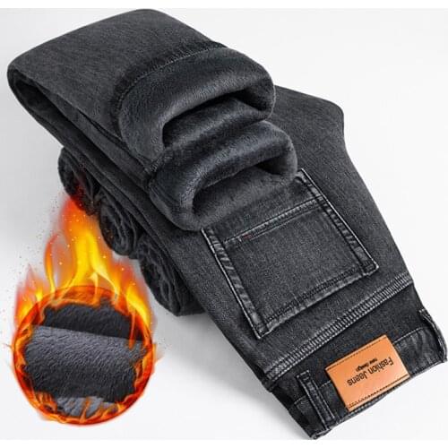 2021 Winter New MenS Plus Velvet Thick Warm Jeans Classic Fashion Loose Casual Stretch Fleece Denim Trousers Male Brand Pants