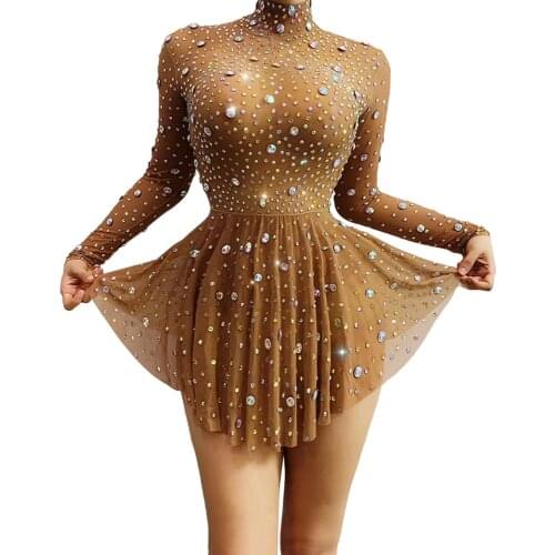 Rhinestones Prom Birthday Celebrate Dress Nightclub Party Transparent Short Dresses for Women Dancer Show High Collar Outfit