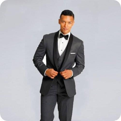 Grey Groom Wedding Tuxedos Black Shawl Lapel Custom Made Men Suits Formal Man Blazers Slim Fit Costume Homme Groomsmen Suits