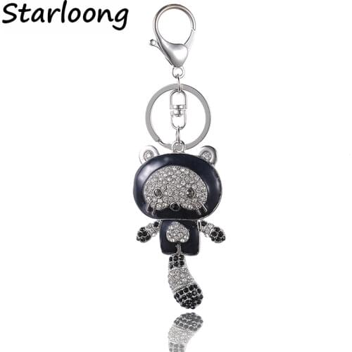 High Quality Drip Alloy Keychain Chaveiro drop oil Glaze cute raccoon rhinestone crystal KeyChain gold-color stainless Key Ring