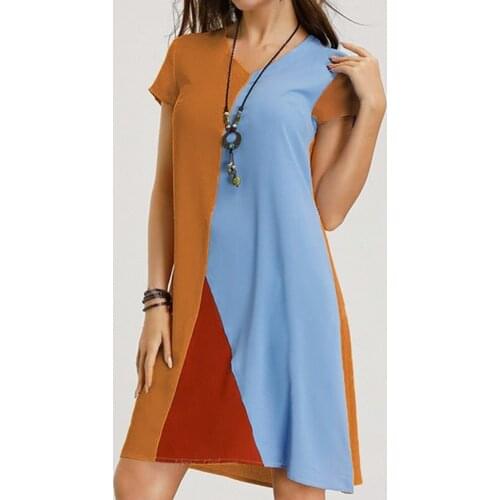 Women Summer Plus Size Short Sleeves Midi Swing T-Shirt Dress Plain Patchwork Crew Neck Casual Loose Pullover Tunic Tops