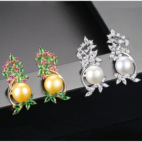 2020 Luxury Fashion Women Flower Shell Pearl Ear Stud Earrings Zircon Hollow Out Ladies Party Birthday Gifts Ear Stud Jewelry
