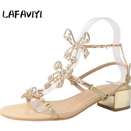 2021 Summer Ins Tide Crystal Butterfly-knot Sandals Female Fairy Style Korean Version Sandals Wild Chain Rhinestone High Heels