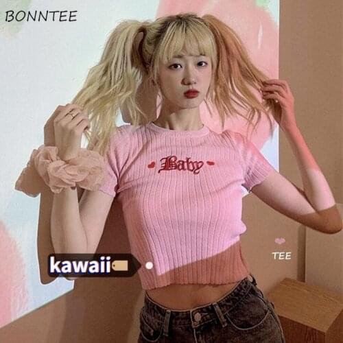T-shirts Women Knitting Lovely Sweet Girls Crop Top Skinny Sexy Hot Character Embroidery Female Ins Harajuku Teens Maiden Y2k