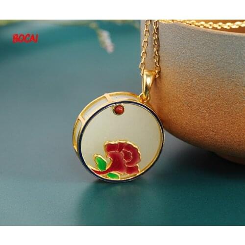 S925 Silver Hetian Jade Burnt Blue Ruyi Pendant Fashion National Style Womens Necklace