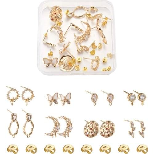 16pcs/box Brass Clear Cubic Zirconia Stud Earring Findings with Loop Golden Color Mixed Shapes for Woman Gilr Gift
