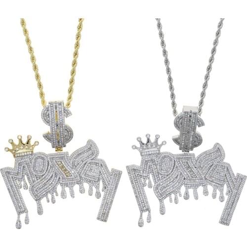 2021 Hgh quality sparking bling hip hop jewelry micro paved cz MONEY Letters pendant men boy Crown Dollar Sign Charm necklaces