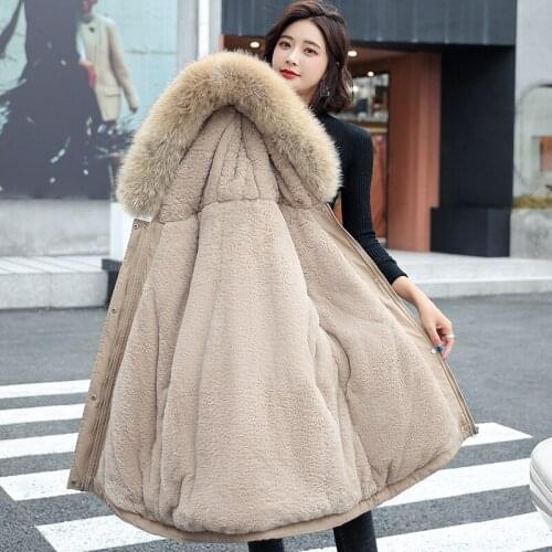 2021 Ladies Wool Liner Thicken Hooded Parkas Women Slim With Big Fur Collar Outerwear Autumn Winter Jacket Women Coat plus size