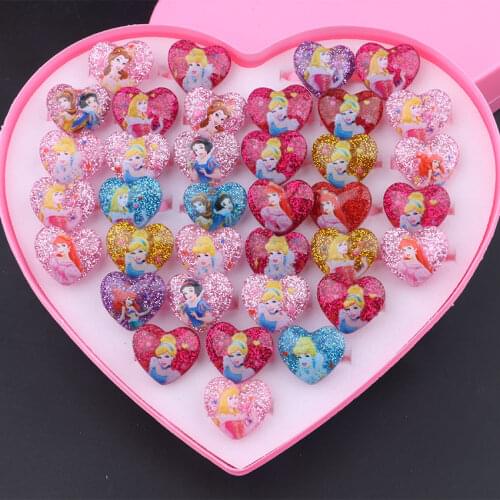 36PCS/Box Kids Makeup Toy Disney Princess Glitter Ring Beauty Fashion Toys for Girl Jewellery Kids Party Gift Favor