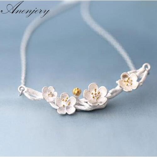 ANENJERY 925 Sterling Silver Necklaces Handmade Anti-allergic Blossom Plum Flower Pendants&Necklaces Collar S-N23