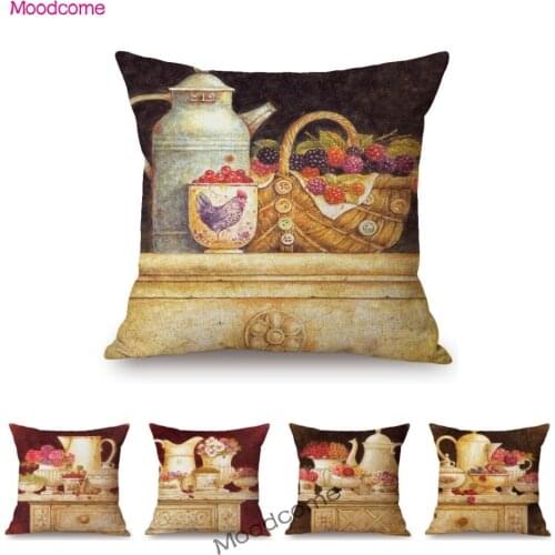 Flower Home Decoration Kettle Vintage Pastoral Art Oil Painting Sofa Throw Pillow Case Car Cotton Linen Floral Cushion Cover