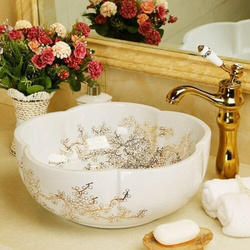 Jingdezhen hand-made ceramic porcelain flower shape bathroom shampoo sink basin