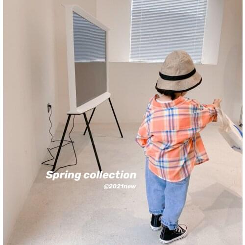 Childrens Clothing 2021 Autumn New Girls' Korean Plaid Shirt Children Cotton Hemp Fashion Long Sleeve All-match Breathable Coat