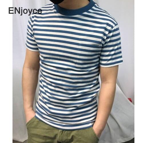 Japan Style Blue Striped T-Shirt Women Men Couple Casual Short Sleeve Pullover Loose Cotton Navy Sea Soul Tee Simple tshirt 2021