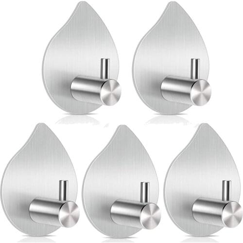 Adhesive Hooks Wall Hooks Bathroom Waterproof Stainless Steel Towel Hooks,for Coat Hat Robe,Waterdrop(Silver,5 Packs)
