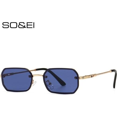 SO&EI Retro Metal Rectangle Sunglasses Women Fashion Clear Ocean Lens Eyewear Men Brand Designer Square Sun Glasses Shades UV400
