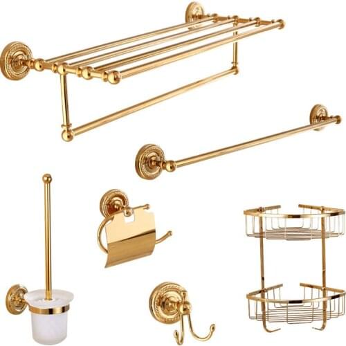 Bathroom Accessories Set Gold Brass Paper Holder Towel Bar Towel Rack Toilet Brush Holder Corner Shelf Copper Bath Hardware Set