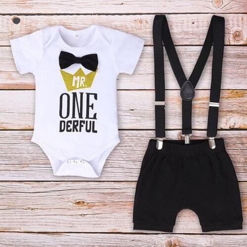 Toddler Baby Boy Clothes Birthday Kids Costume Boys Gentleman Tie Romper Boutique Straps Shorts Clothing Set Outfits