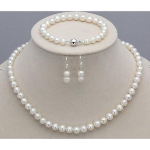 New 7-8mm Natural Freshwater Pearl Necklace Bracelet Earrings Set 18" 7.5"AA