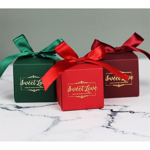 10pcs Gift Box Square Red Green Bronzing Candy Bag Wedding Favors Gift Ribbon Box Packages Birthday Party Favor Paper Bags