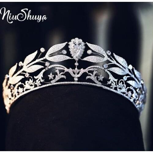 NiuShuya Elegance Bay Leaf AAA Cubic Zircon Tiara Crown Evening Dress Diadem Brides Headbands Hair Jewelry Wedding Accessories