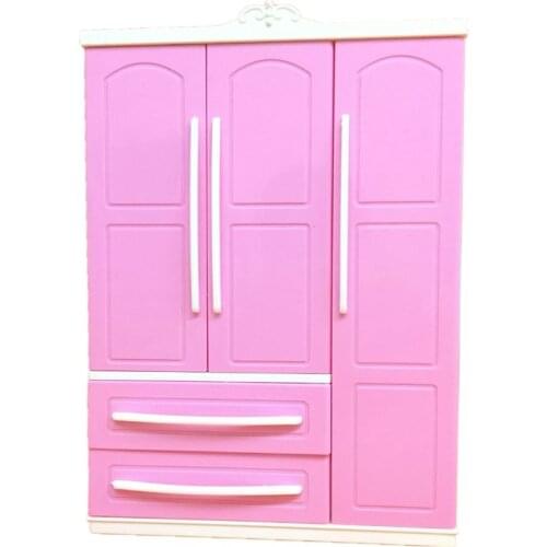 Three-door Pink Modern Wardrobe Play set for Barbi Furniture Can Put Shoes Clothes Accessories with Dressing Mirror Girls