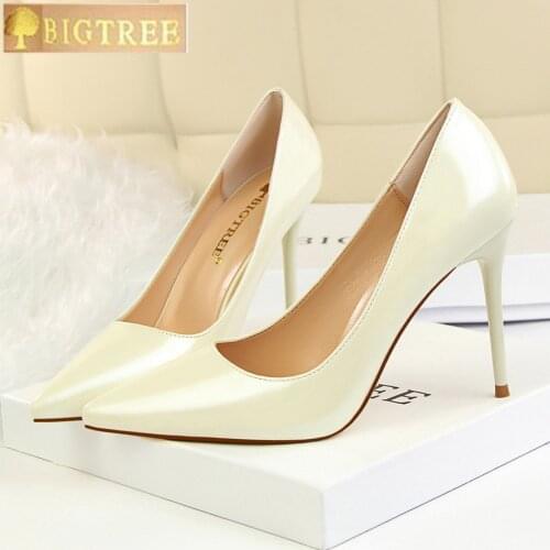 BIGTREE fashion Simple women pumps 9.5CM Thin High-heeled Metal feeling Shallow mouth Pointed Sexy Nightclub womens shoes