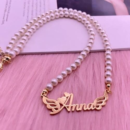 Vintage Custom Name Necklace Angel Wings Charm Bijoux Christams Gift Personalized Name Pearl Choker Necklaces For Women Jewelry