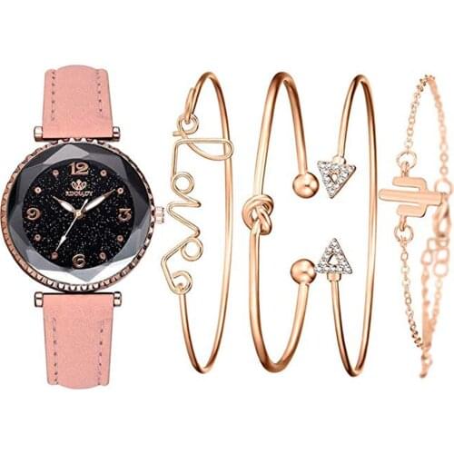 XSVO Ladies Fashion Trend Starry Sky Dial Belt Quartz Watch + Bracelet Set Luxury Elegant Women Bracelet Wristwatch