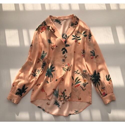 Women Shirt Coconut Print Shirt Grapefruit Powder Coconut Flower Bird Long Sleeve Shirt