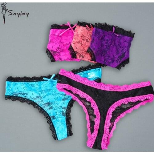 Women Lace Thongs Sexy Hollow Printing G-string Transparent Double Cotton Crotch Women T-back Low Rise Underwear Bow Design