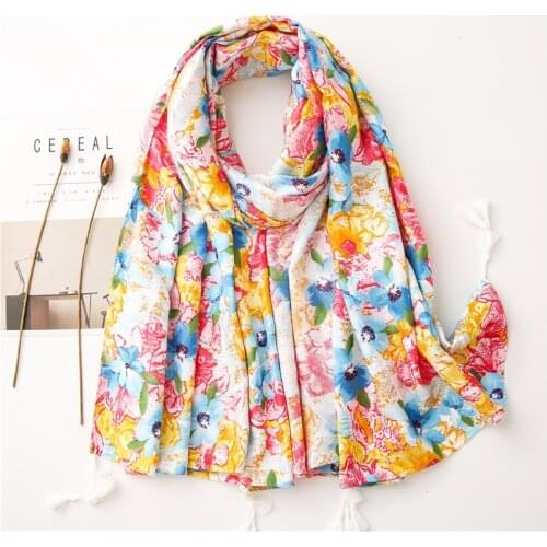 Painting Flower Large Cotton Scarf Women Colorful Fashion Print Foulard Female Stole [6728]