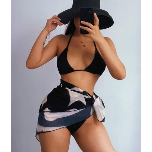 Women Three-piece Swimwear 2021 Sexy New Solid Color Push Up Halter Bikinis Set with Tie-up Sarong Skirt Beachwear Orange/ Black