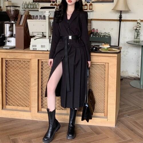 2021 New Women Spring Long Blazer Pleated Dress with Sashes Single Breasted High Waist Asymmetrical Dresses