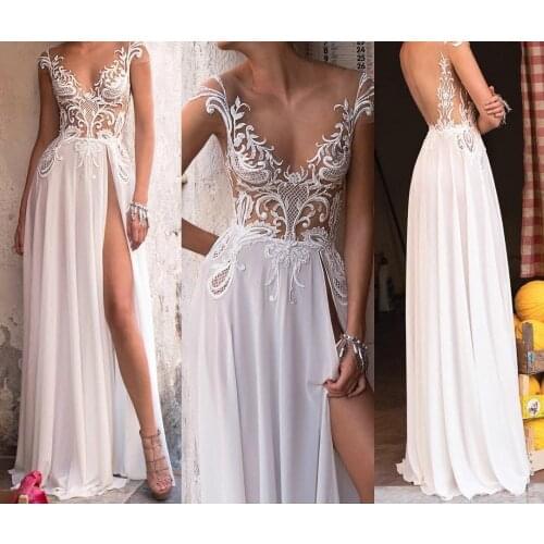 SSYFashion new white evening dress sexy Backless lace embroidery High-split beach gowns long formal prom dress Vestido De Fiesta