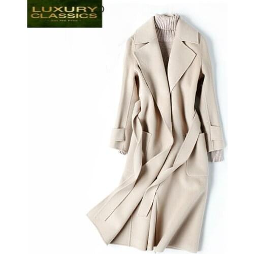 Winter Wool Coats Autumn Jackets Women Belt Woolen Coat Female Slim Long Red Jackets Elegant Spring Black Clothes LWL1325