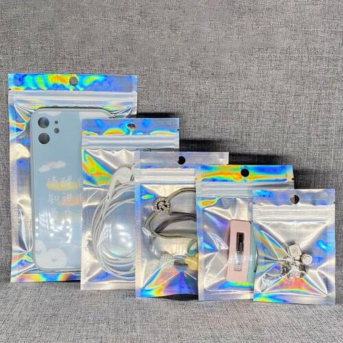 10pcs Iridescent Zip Lock Bags Pouches Cosmetic Plastic Laser Iridescent Bags Holographic Makeup Bags Hologram Zipper Bags