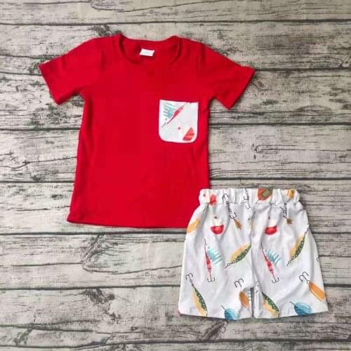 Baby Boys Summer 2pcs Set Red Cotton Short Sleeve Shirt Fishing Pattern Shorts