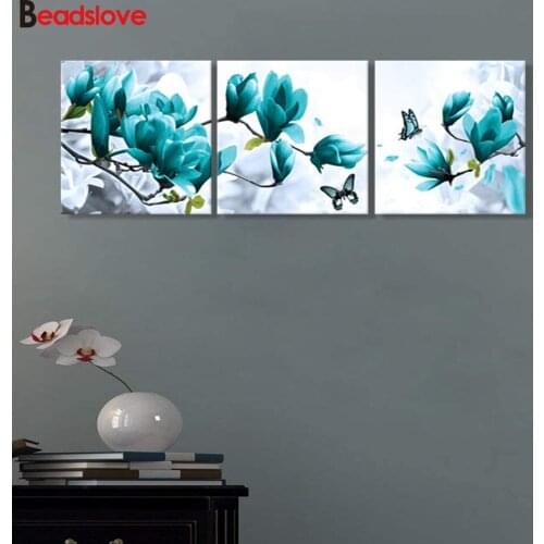 3 piece Diamond Painting Full Round Flower Diamond Embroidery Triptych Magnolia Diamond Mosaic Picture Of Rhinestone Home Decor