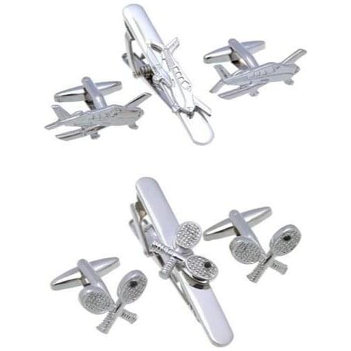 5Sets/lot Flight Airplane Plane Cufflinks Tie Clip Set Sport Tennis Rackets Cuff Links&Tie Clips Tie Pin Set Mens Jewelry