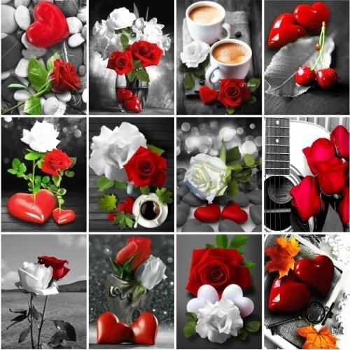AZQSD Diamond Painting Rose Heart Coffee Cross Stitch Rhinestones Handicraft Diamond Embroidery Flower Mosaic Home Decoration