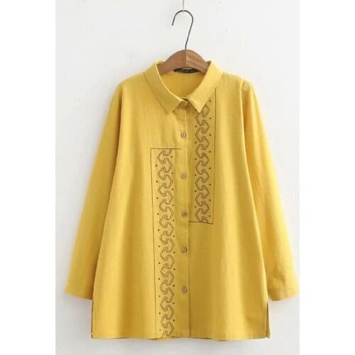 Plus Size XL-4XL Floral Embroidery Blouse White Yellow Long Sleeved Blusas Vestidos Office Wear Tops