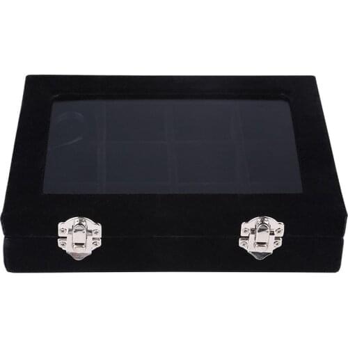 Black 12 Grid Velvet Glass Jewelry Ring Display Organiser Box Tray Holder Earrings Storage Case