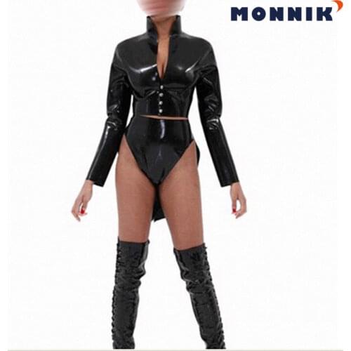 MONNIK latexBlack Latex Swallowtail Dress Rubber Evening Gowns Pole Dance womans clothing