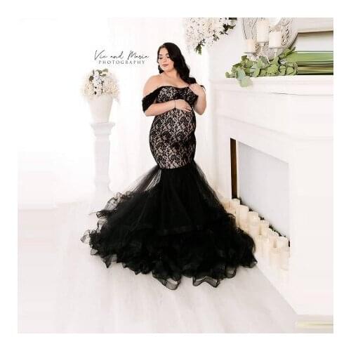 Elegant Black Lace Pregnancy Gowns Cap Sleeves Mermaid Shape Tulle Ruffles Trumpet Women Birthday Party Dresses