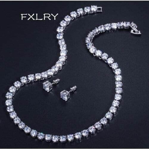 FXLR Luxury Clear Round Shaped Cubic Zirconia Womens Choker Necklace Stud Earrings for Women Jewelry Sets