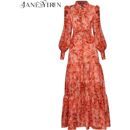 Janeyiren fashion Runway Women long dress Lantern sleeve vintage pattern print Buttons Slim belt Party Maxi dress